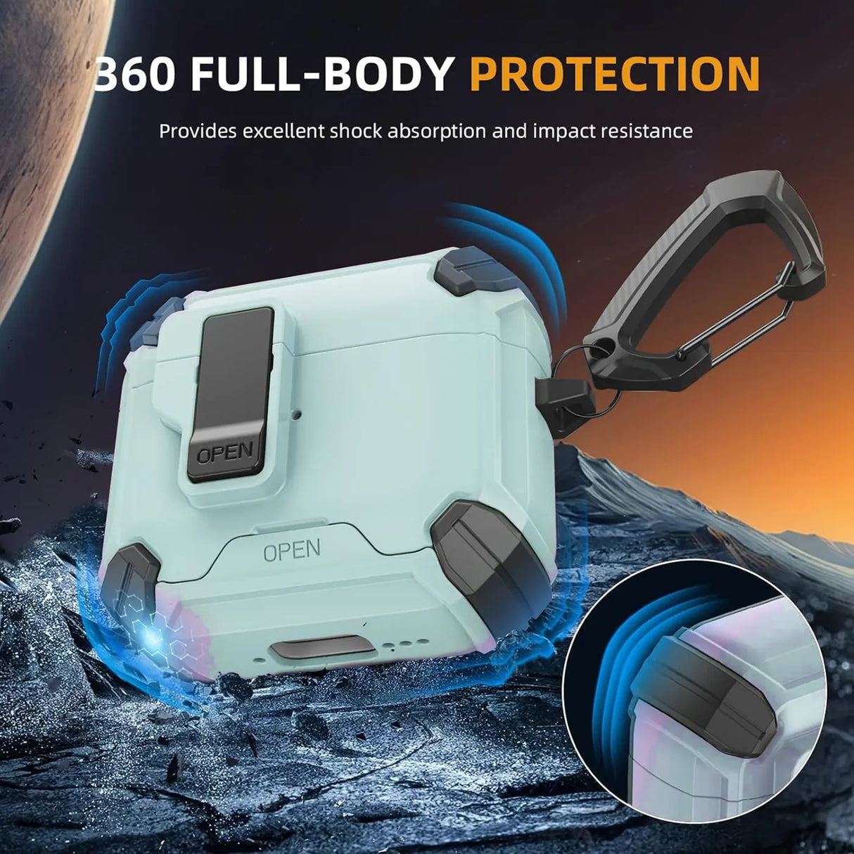 Schutzhülle für AirPods 1 / 2 mit stoßfestem Gehäuse, Karabiner und Standfunktion - ideal für Alltag und unterwegs