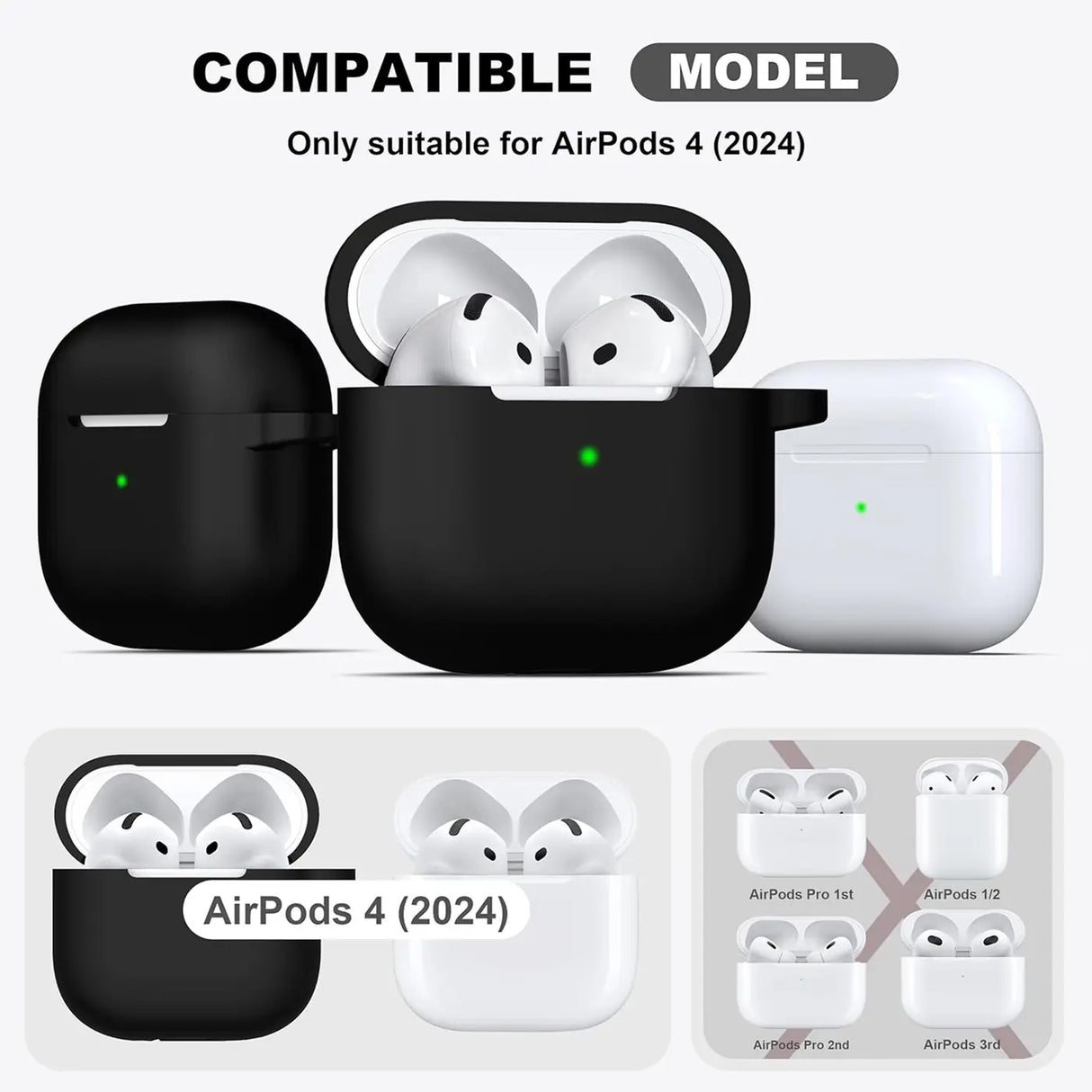 Silikon Schutzhülle für AirPods 4 mit Soft-Touch Oberfläche, Karabiner und LED-Sichtfenster - ideal für Alltag, Sport und Reisen