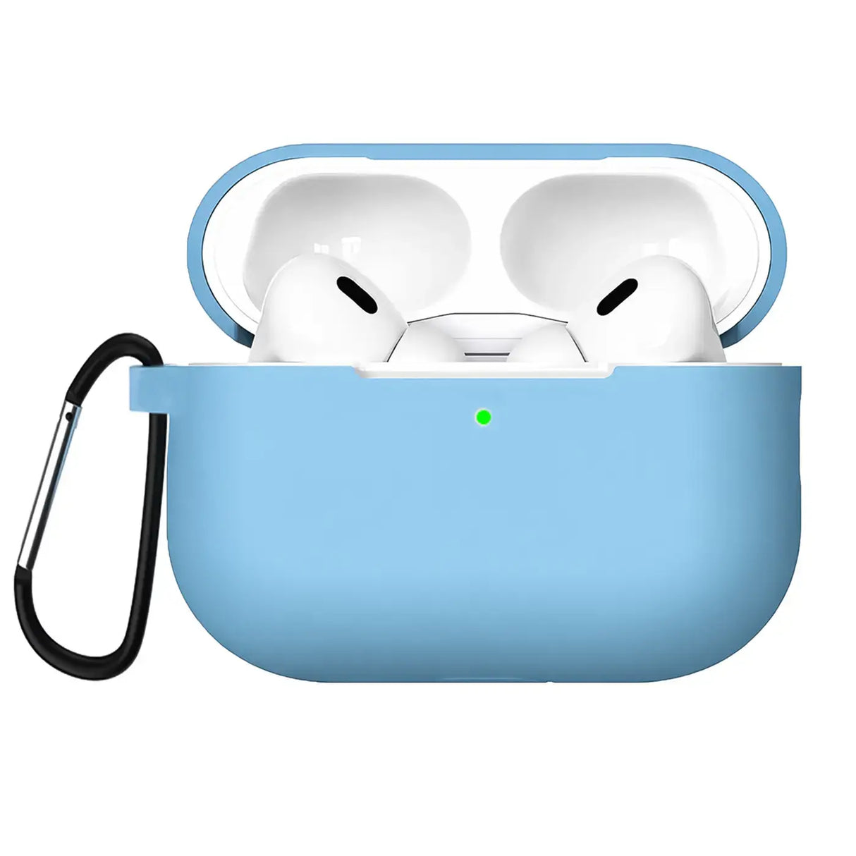 Hellblaue Silikonhülle für AirPods Pro 3 mit offenem Deckel, darin weiße AirPods, links ein schwarzer Karabiner.