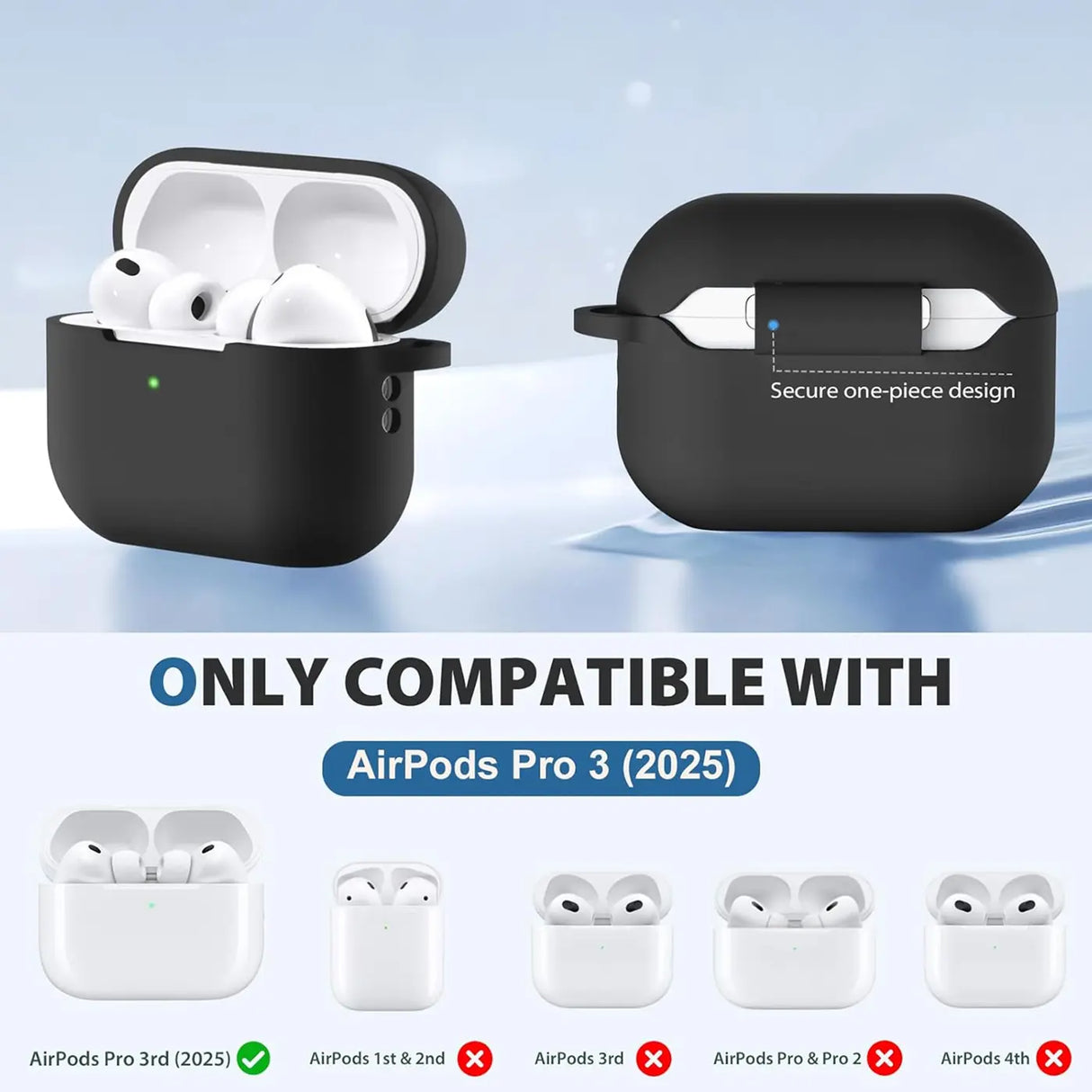 Silikon Schutzhülle für AirPods Pro 3 mit Soft-Touch Oberfläche, Karabiner und LED-Sichtfenster - ideal für Alltag, Sport und Reisen