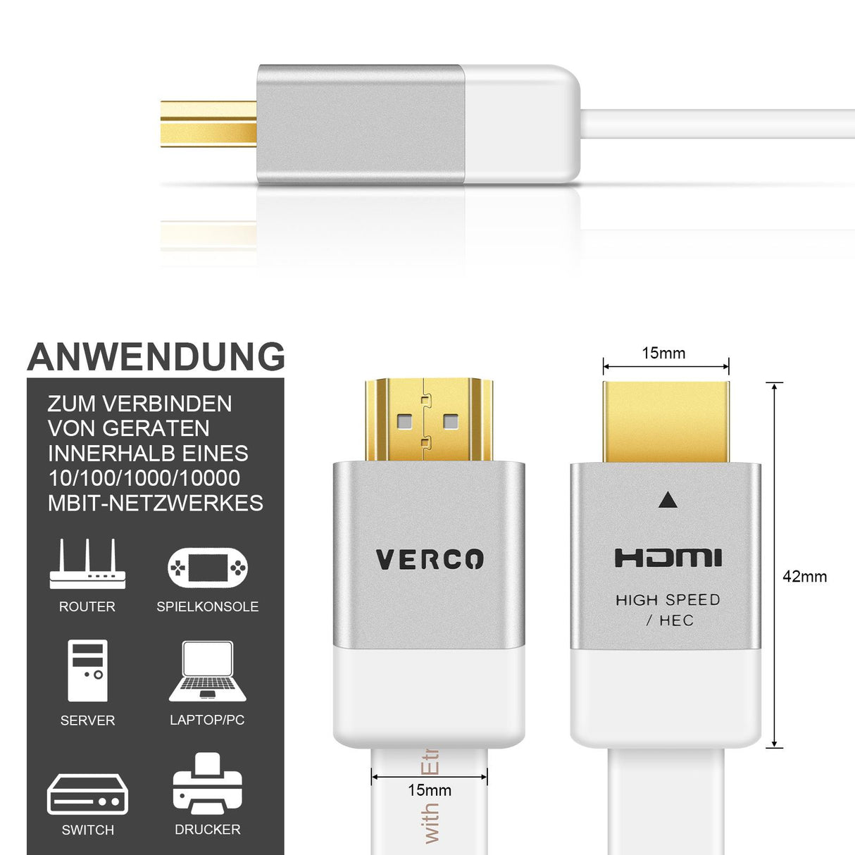 HDMI Flach Kabel - HD-Flat-100B - 5M - Weiss