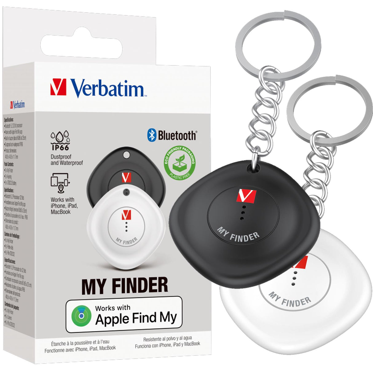 Verbatim Bluetooth Tracker MYF-02, 2er Pack. Schwarzer und weißer Kunststoff-Tracker mit Schlüsselring, schräg von oben.