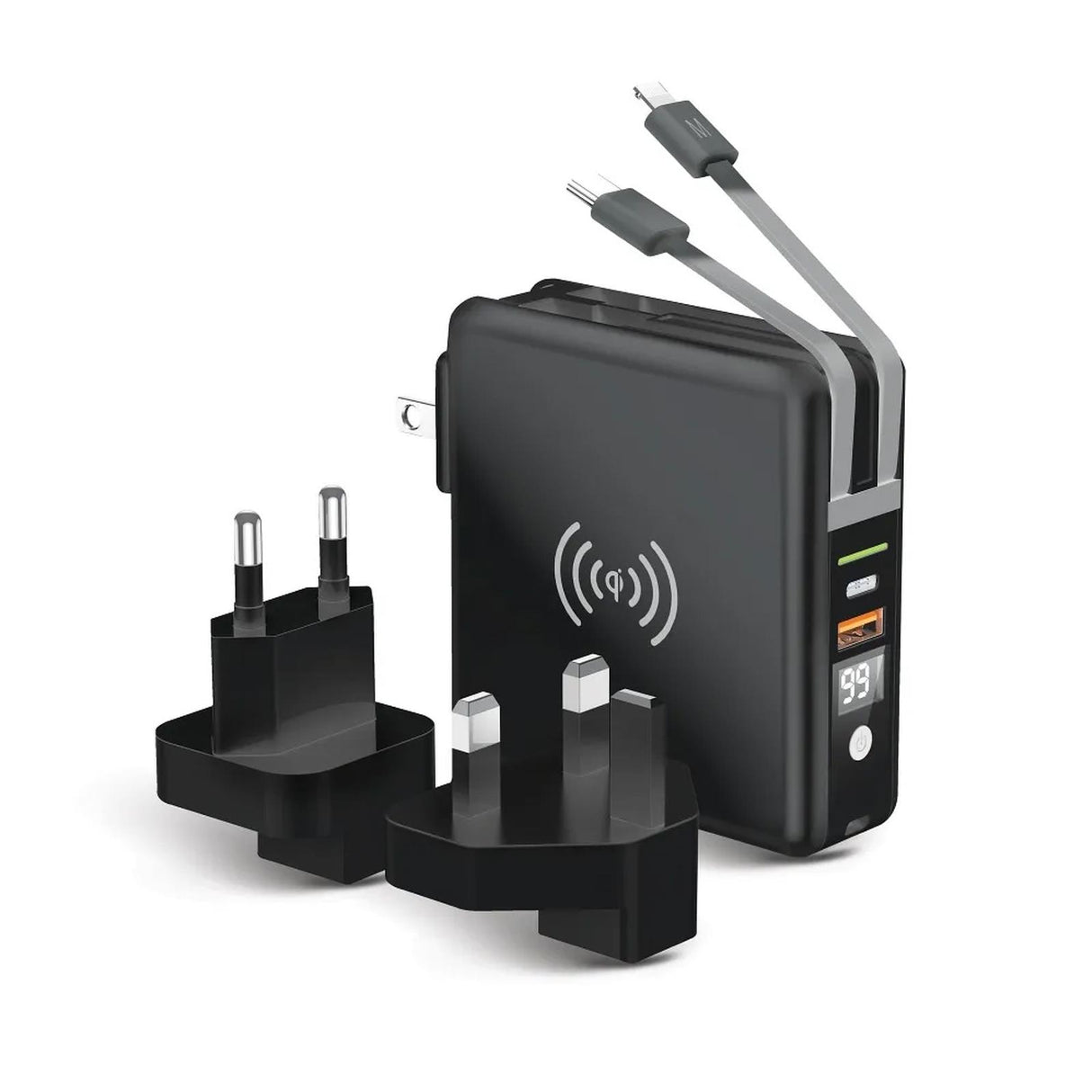 Forcell 5-in-1 Reiseladegerät mit USB-Anschlüssen, integrierten Kabeln und Qi-Ladefunktion