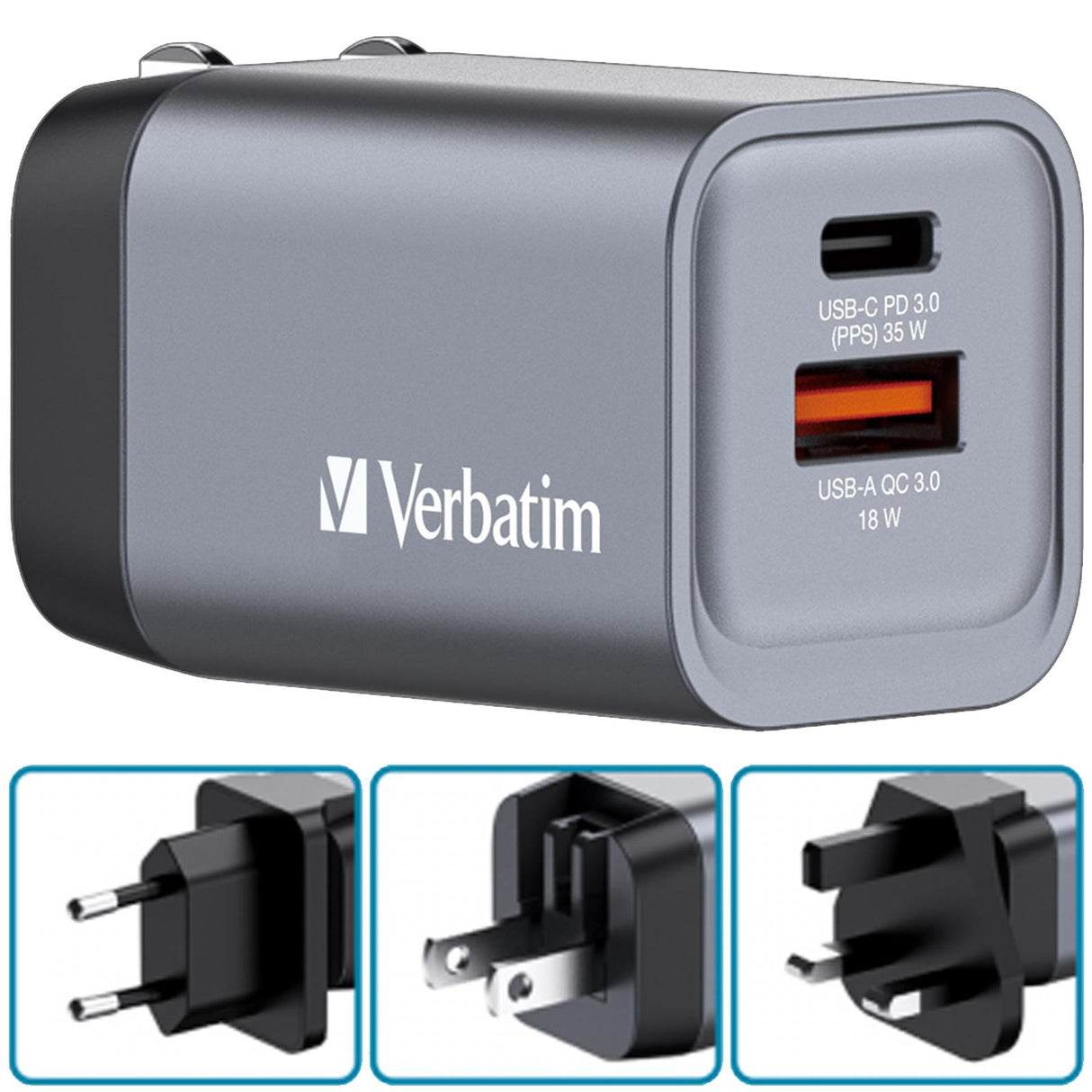 Verbatim 35W Ladegerät mit USB-C PD 3.0 und USB-A QC 3.0, austauschbare Stecker, ideal für internationale Reisen.