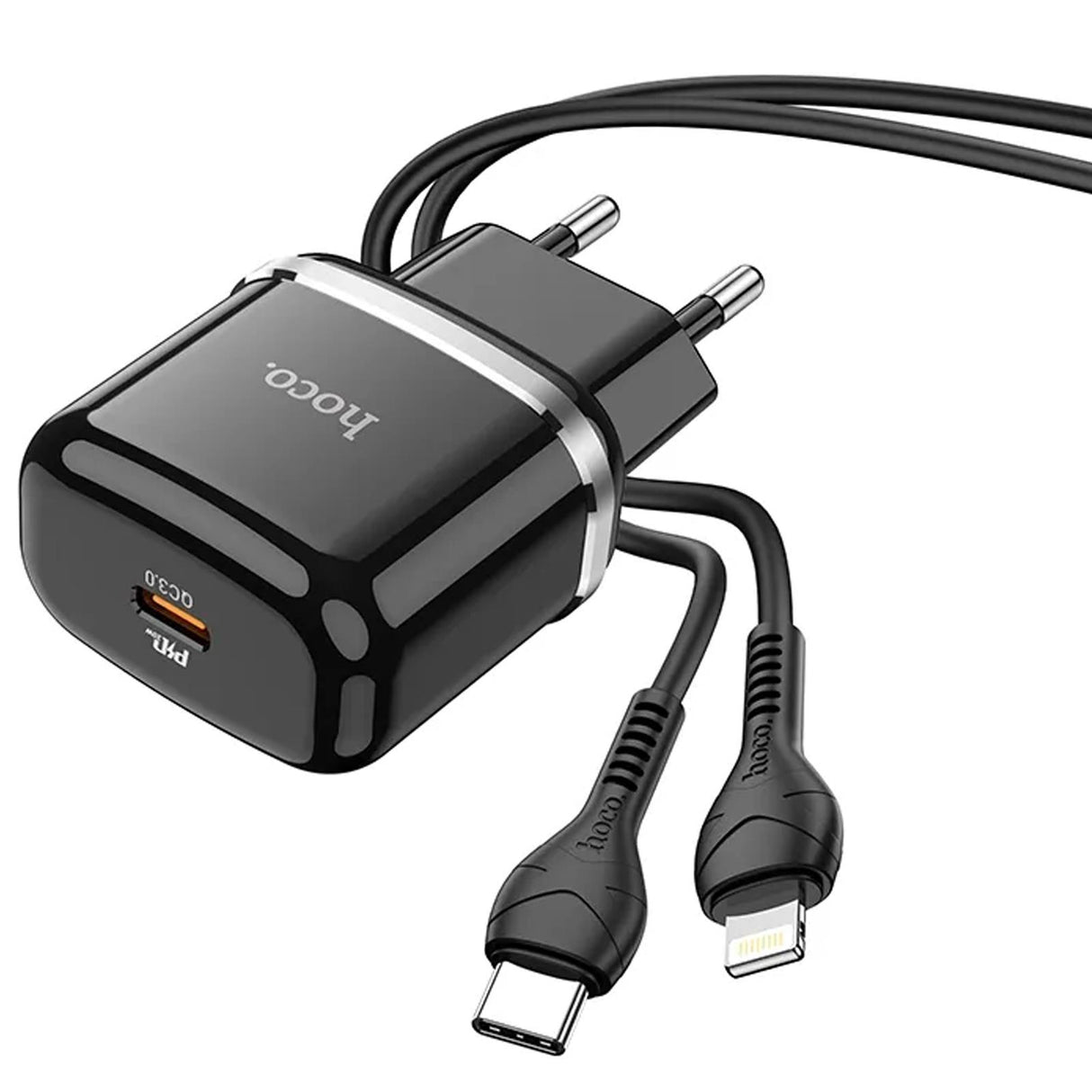 Hoco N24 USB-C Ladegerät, schwarz, mit Lightning-zu-USB-C Kabel, schnelles und sicheres Laden.