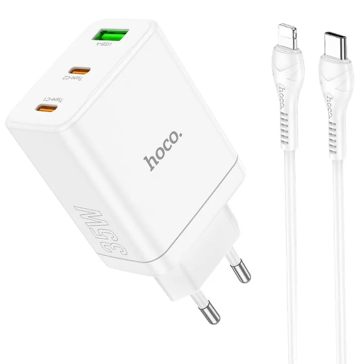 Hoco N33 Ladegerät, weiß, mit zwei USB-C und einem USB-A Anschluss, inklusive USB-C zu Lightning und USB-C zu USB-C Kabel.