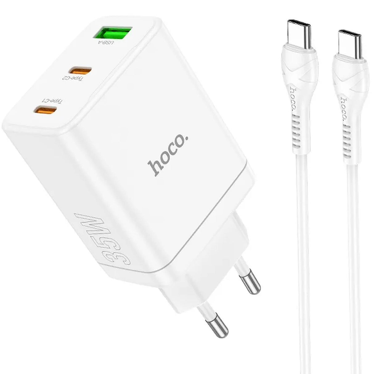 Hoco N33 35W Ladegerät Set, weiß, mit zwei USB-C und einem USB-A Anschluss.