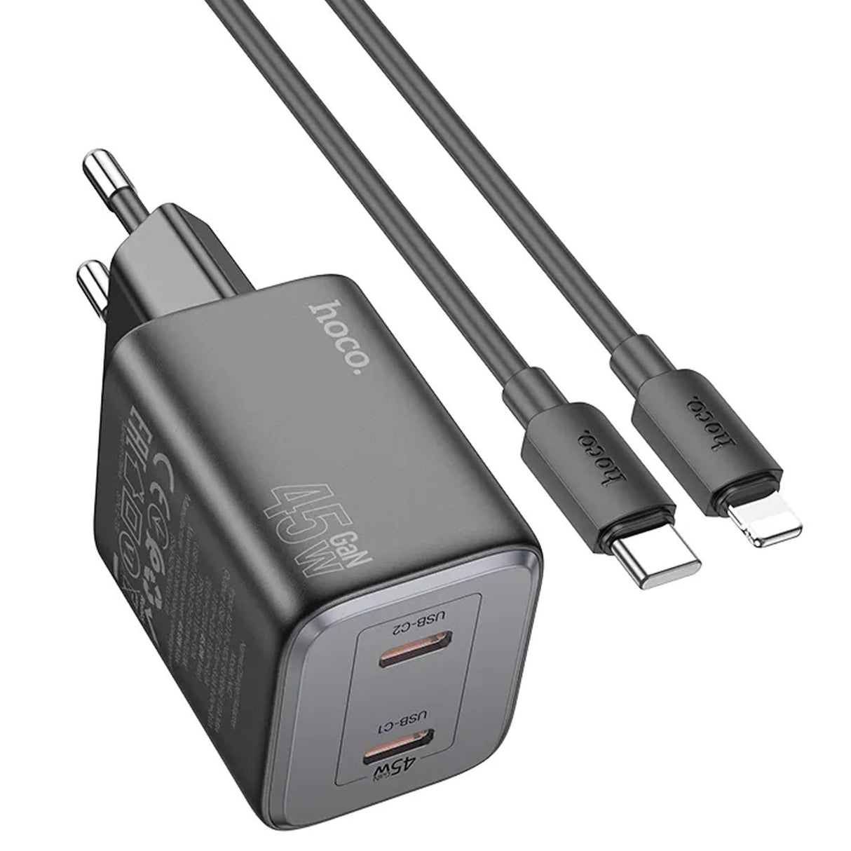 Hoco N42 Ladegerät Set, schwarz, mit 45W Leistung, USB-C Anschluss und Lightning-Kabel.