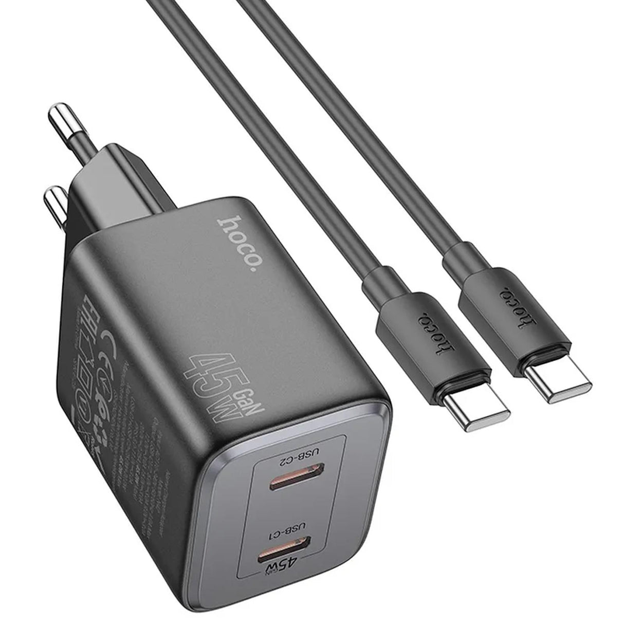 Hoco N42 45W Ladegerät Set, Schwarz, mit Dual USB-C Anschlüssen und USB-C Kabel.