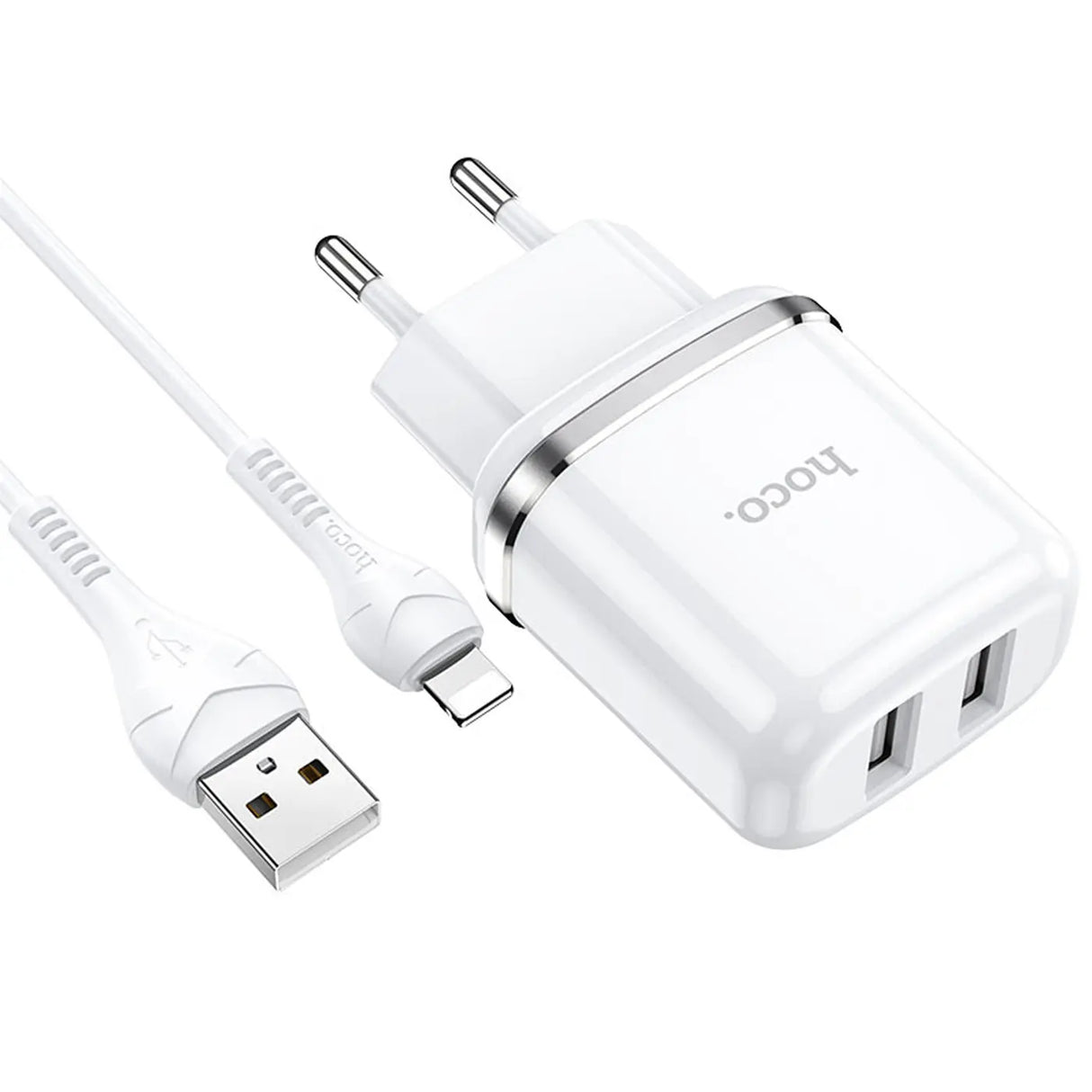 Hoco N4 Netz Ladegerät mit 2 USB Anschlüssen als Solo oder mit Lightning USB-C Micro-USB Kabel