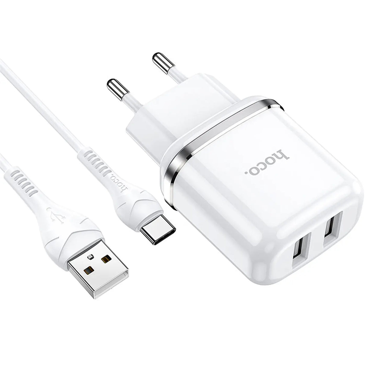 Hoco N4 Netz Ladegerät mit 2 USB Anschlüssen als Solo oder mit Lightning USB-C Micro-USB Kabel