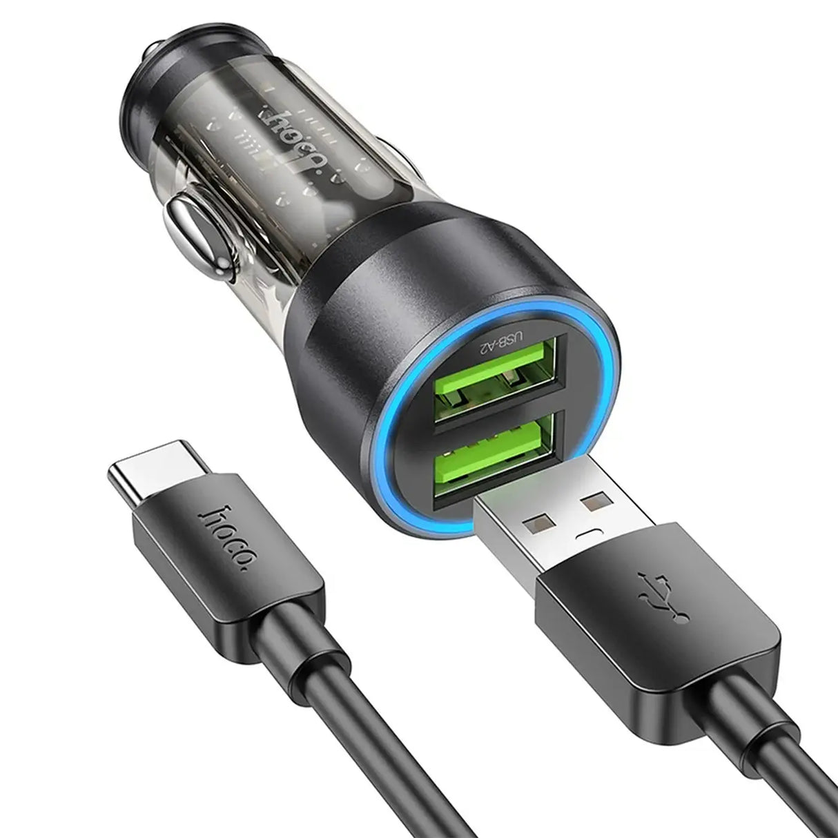 Hoco KFZ Ladegerät NZ12 mit microUSB, Lightning oder USB-C Kabel in Schwarz