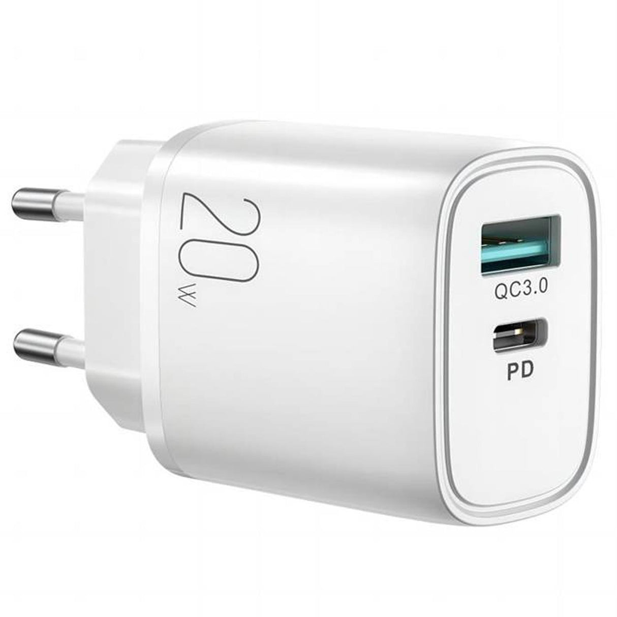 Joyroom 20W Ladegerät mit USB-C PD und USB-A QC3.0, weißes kompaktes Design.