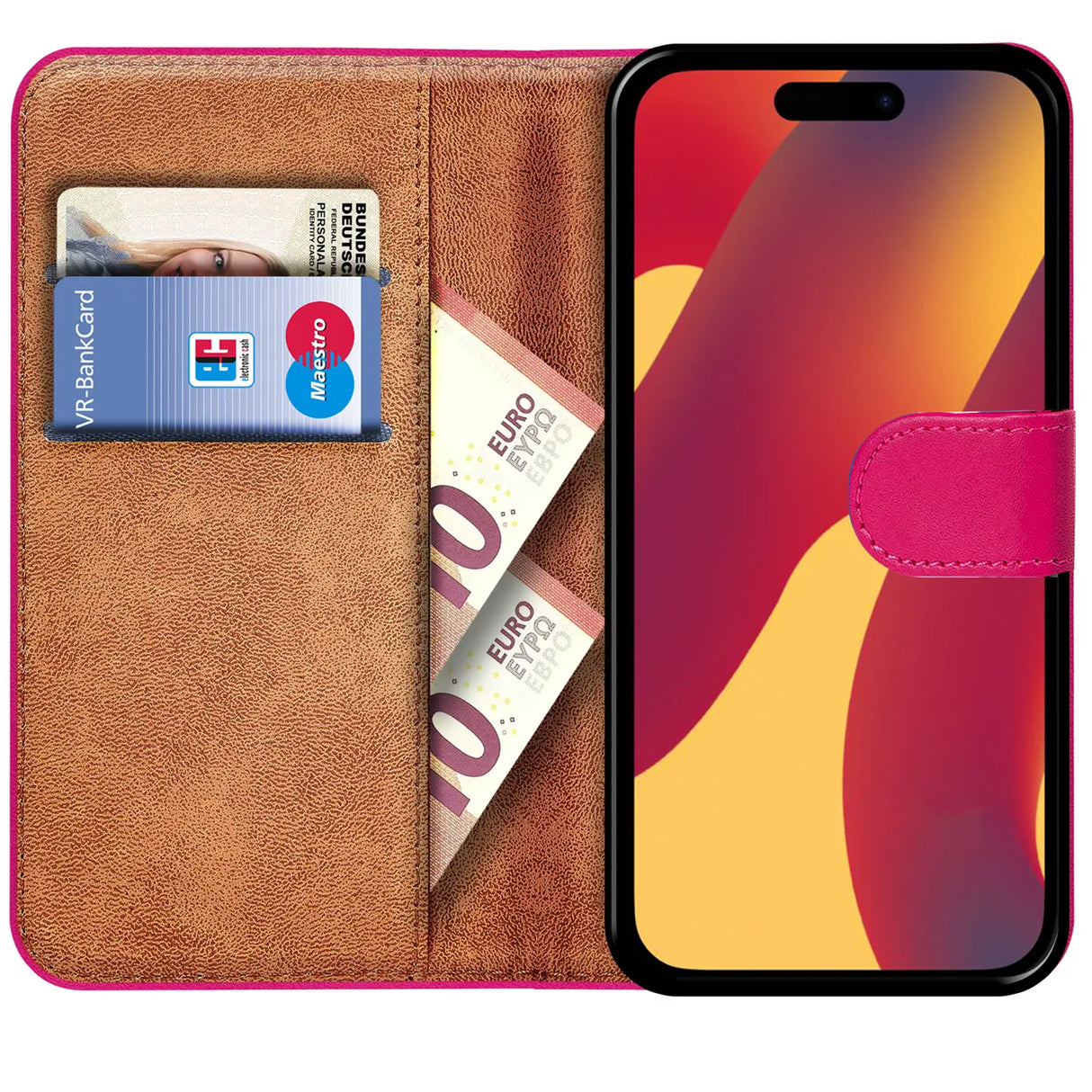 iPhone 16 Pro Klapphülle in Pink mit Kartenfächern und Schutz