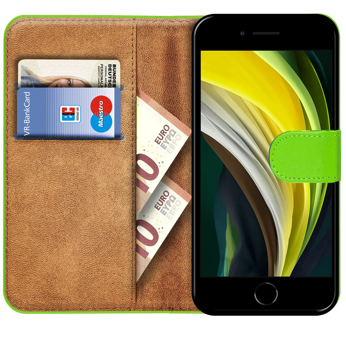 iPhone 7 / 8 / SE 2 / SE 3 Klapphülle in Grün mit Kartenfächern und Schutz