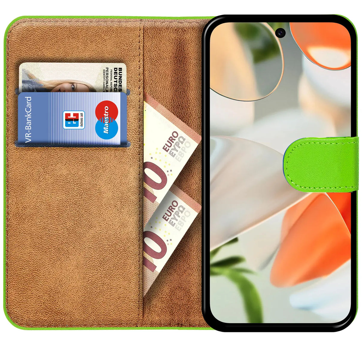 Google Pixel 9 Klapphülle in Grün mit Kartenfächern und Schutz