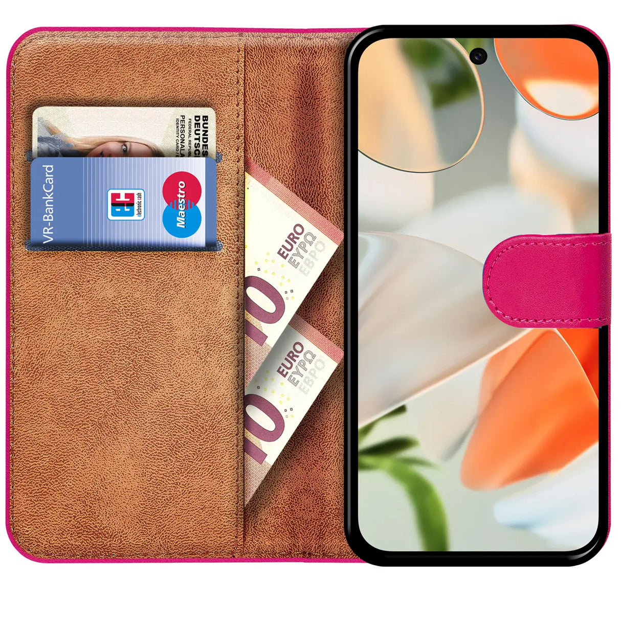 Google Pixel 9 Klapphülle in Pink mit Kartenfächern und Schutz