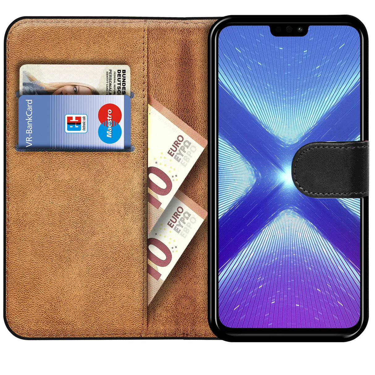 Honor 8X Klapphülle in Schwarz mit Kartenfächern und Schutz