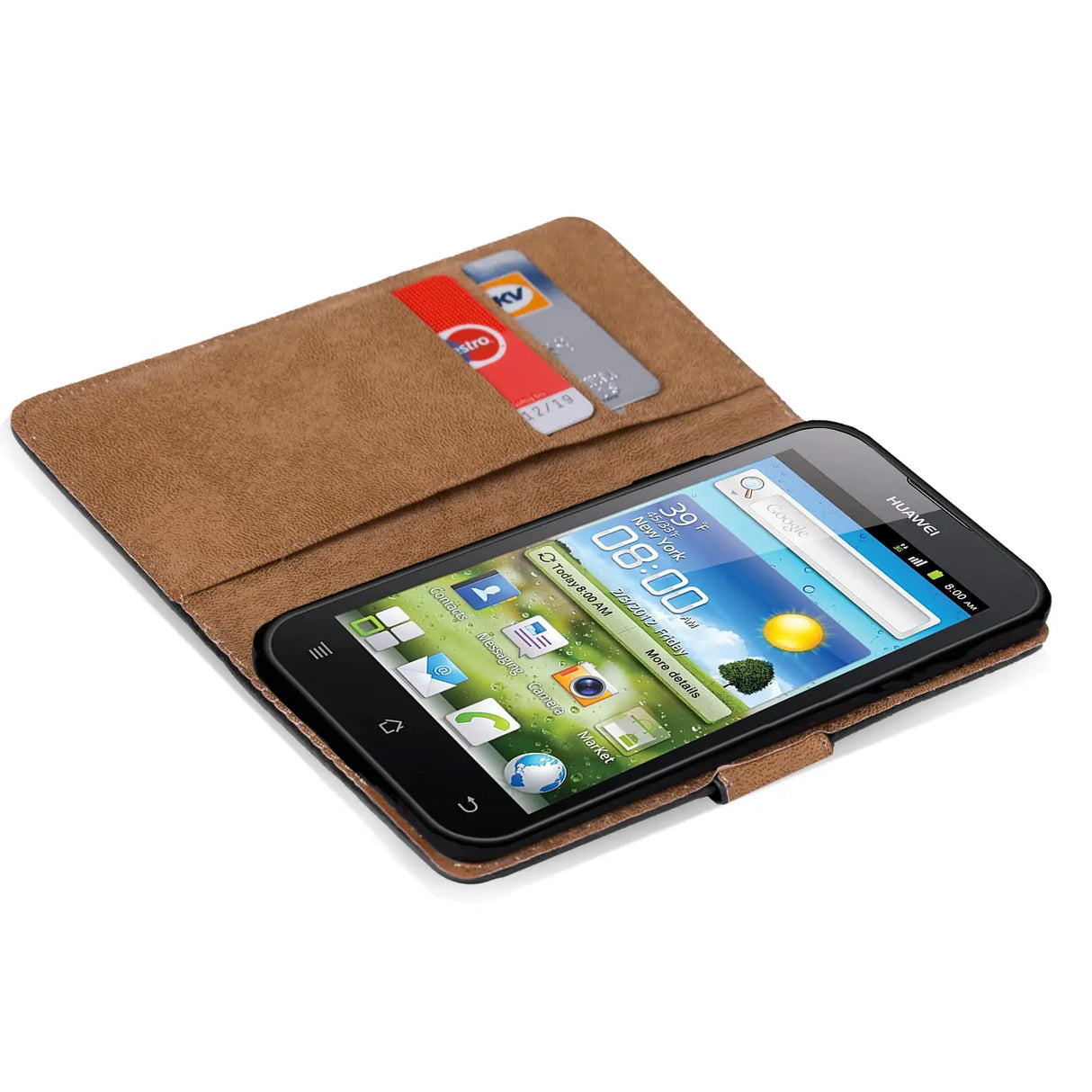 Huawei Ascend G300 Klapphülle in Schwarz mit Kartenfächern und Schutz