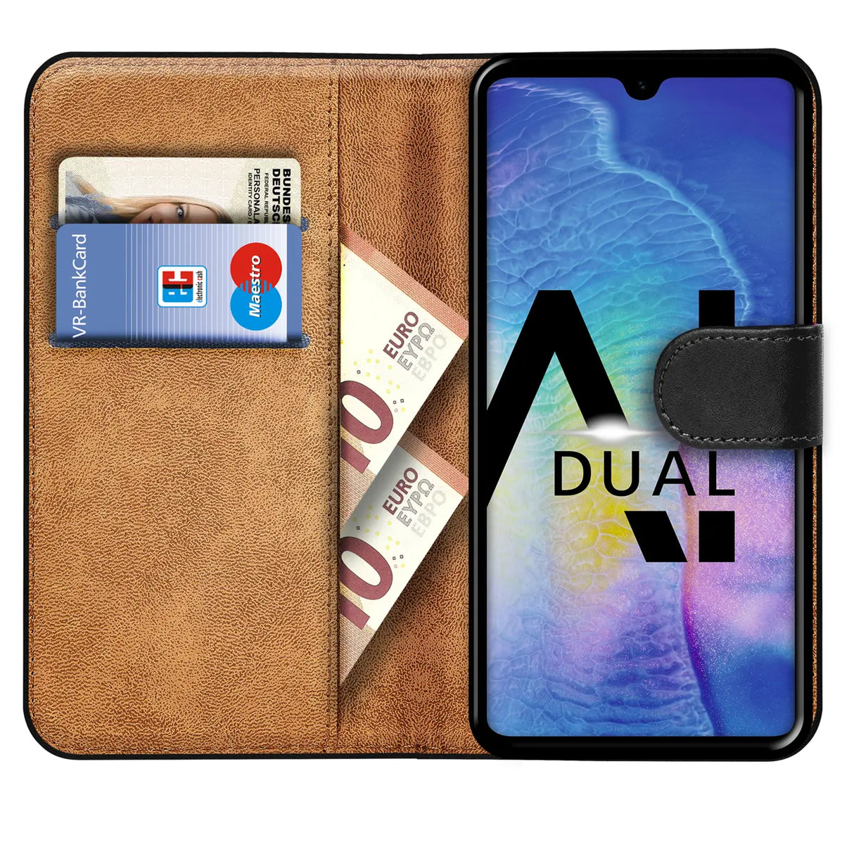 Huawei Mate 20 Klapphülle in Schwarz mit Kartenfächern und Schutz