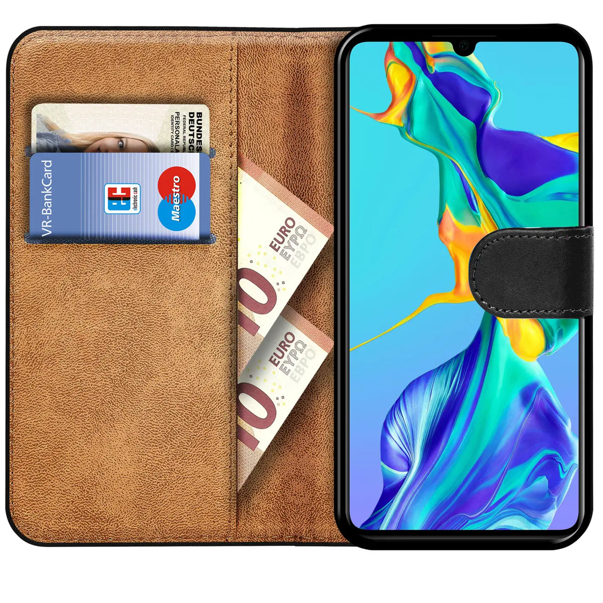 Huawei P30 Lite Klapphülle in Schwarz mit Kartenfächern und Schutz