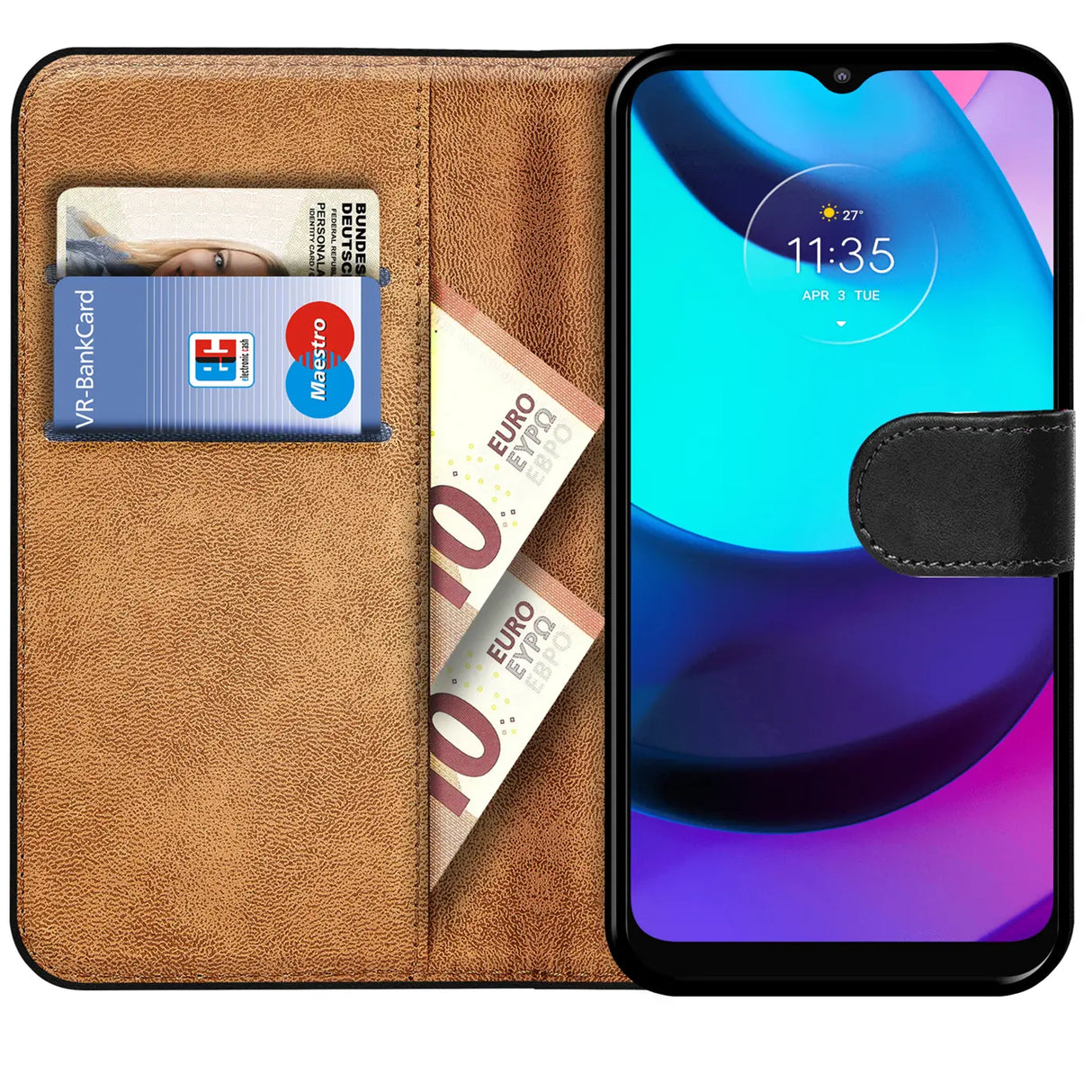 Motorola E20 / 30 / 40 Klapphülle in Schwarz mit Kartenfächern und Schutz