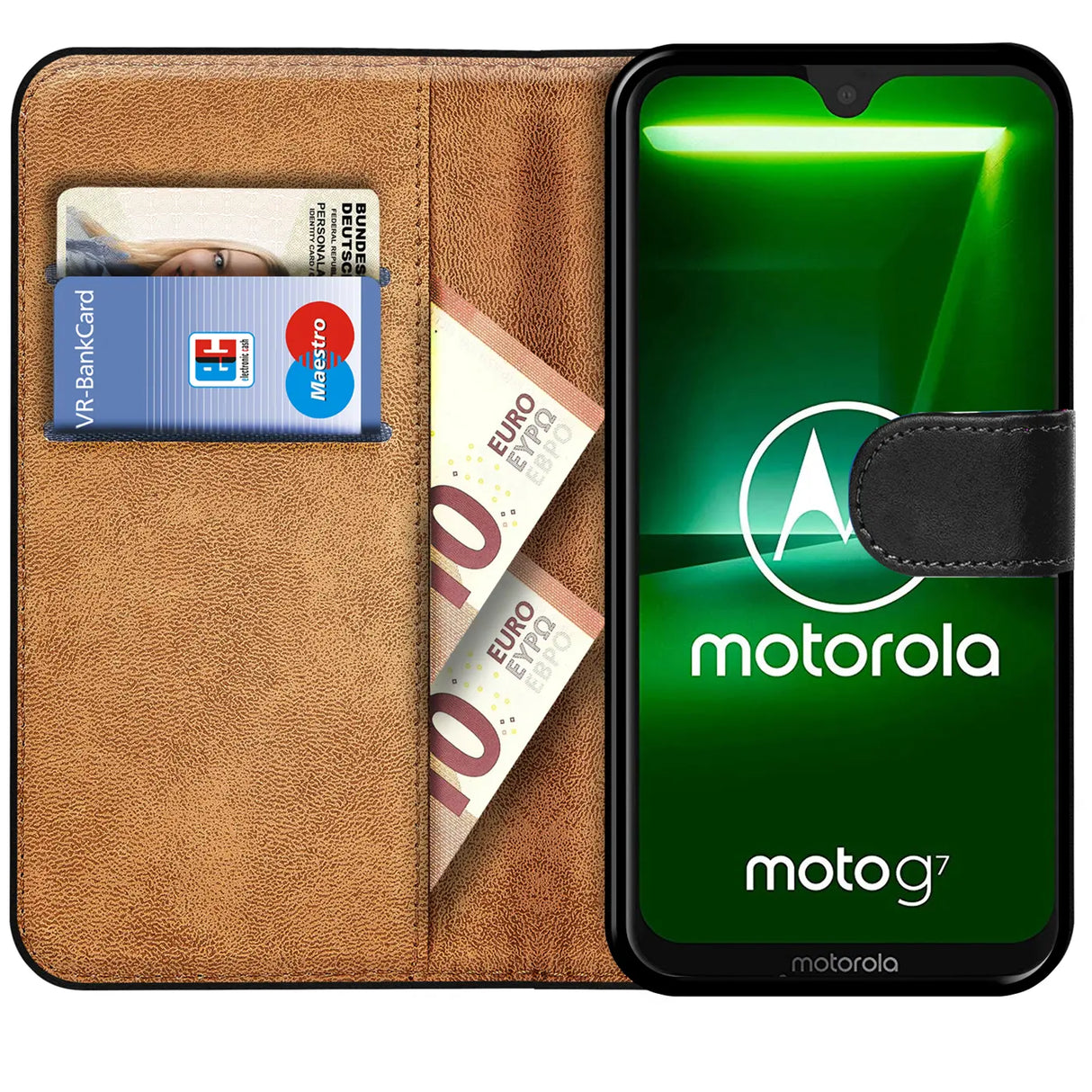 Motorola Moto G7 Power Klapphülle in Schwarz mit Kartenfächern und Schutz