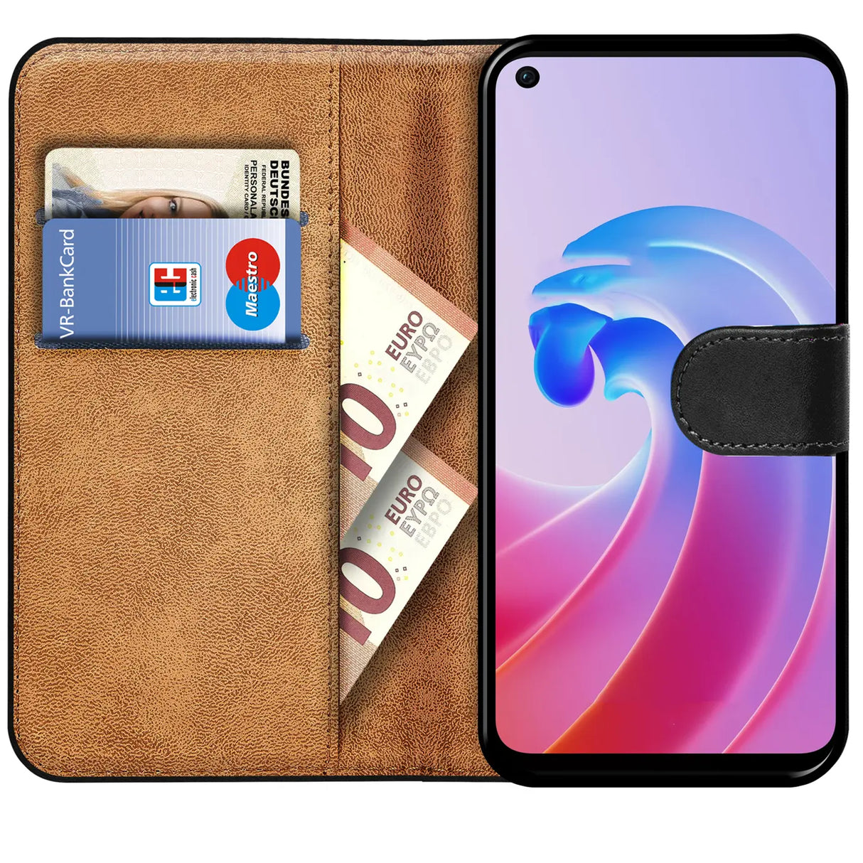 OPPO A96 / A76 Klapphülle in Schwarz mit Kartenfächern und Schutz