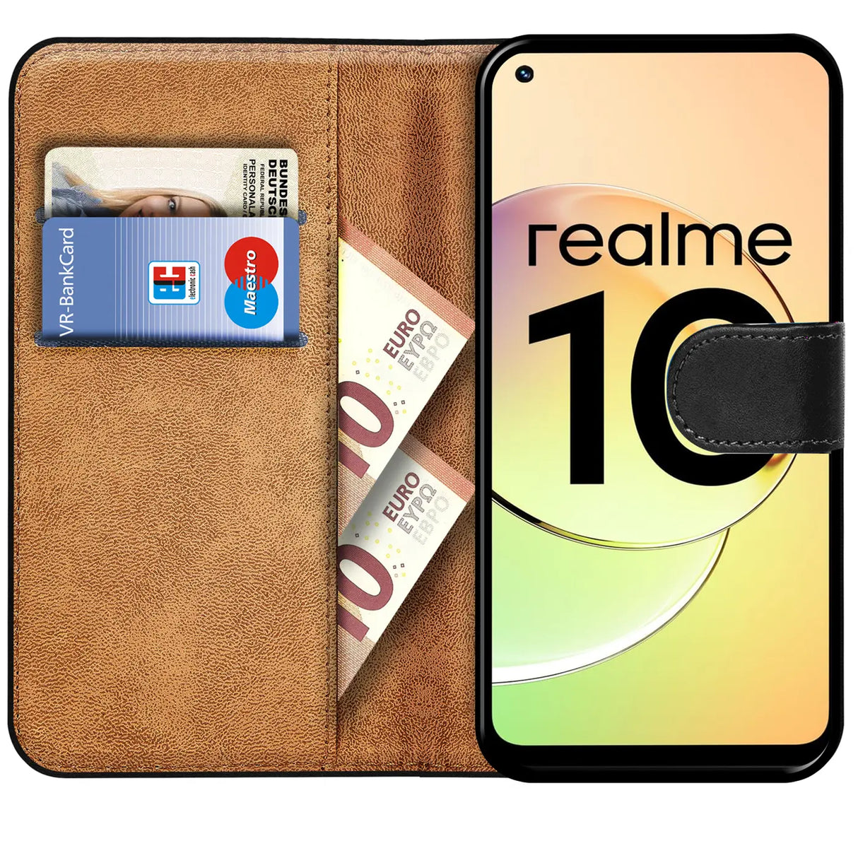 Realme 10 4G Klapphülle in Schwarz mit Kartenfächern und Schutz