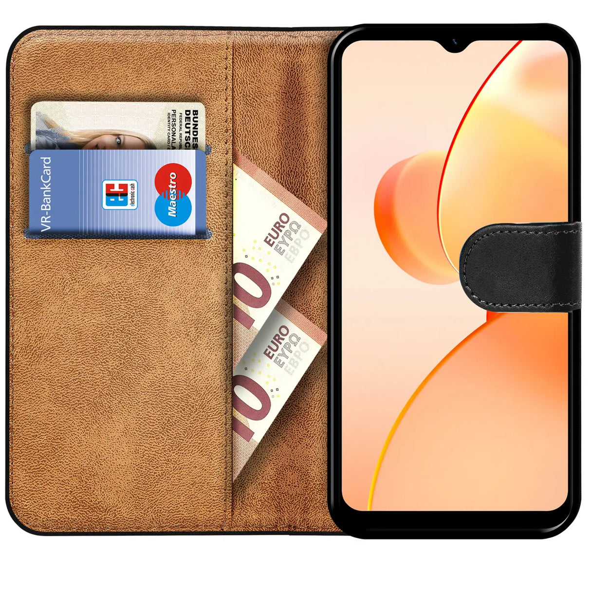 Realme C31 Klapphülle in Schwarz mit Kartenfächern und Schutz