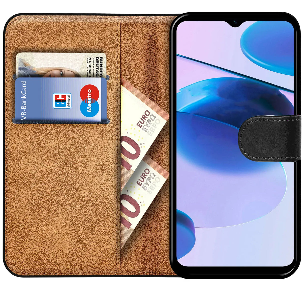 Realme C35 Klapphülle in Schwarz mit Kartenfächern und Schutz