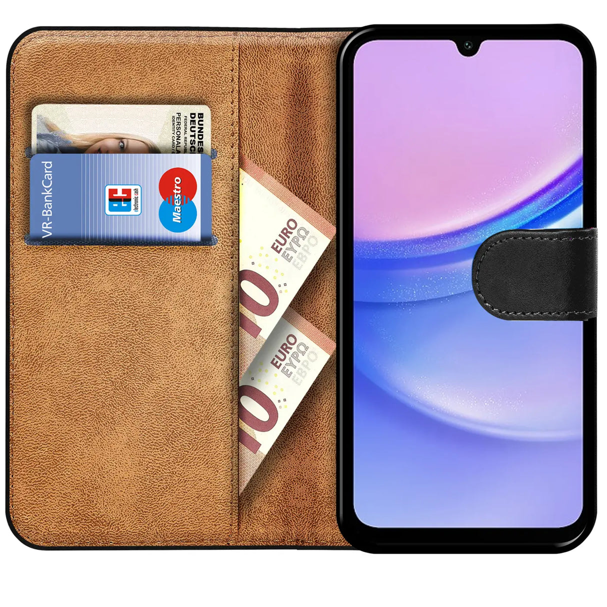 Samsung Galaxy A15 4G / 5G Klapphülle in Schwarz mit Kartenfächern und Schutz