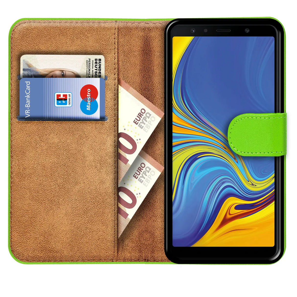 Samsung Galaxy A7 2018 Klapphülle in Grün mit Kartenfächern und Schutz