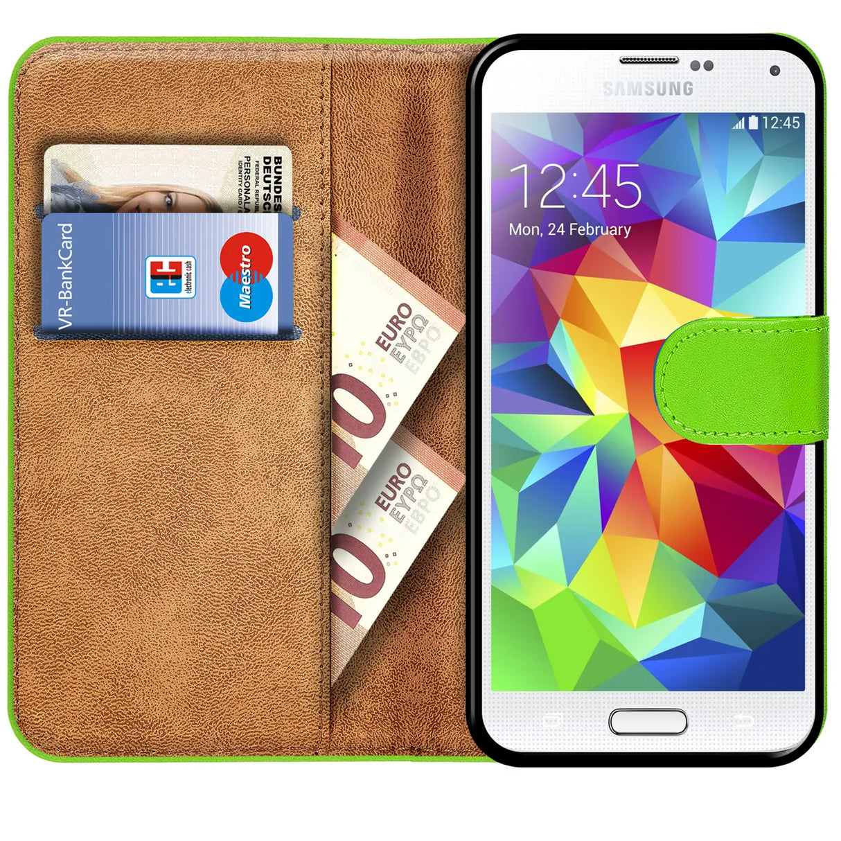 Samsung Galaxy S5 / S5 Neo Klapphülle in Grün mit Kartenfächern und Schutz