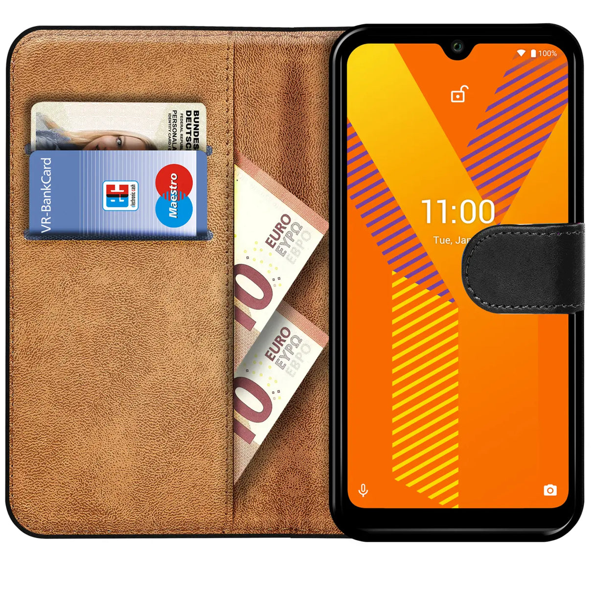 Wiko Y62 Klapphülle in Schwarz mit Kartenfächern und Schutz