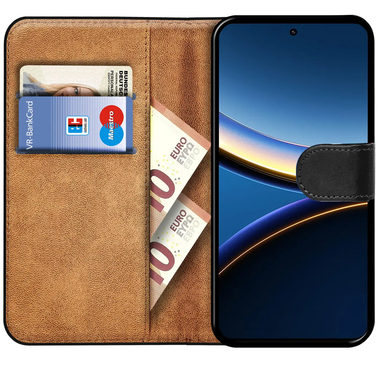 Xiaomi Poco F7 Pro Klapphülle in Schwarz mit Kartenfächern und Schutz