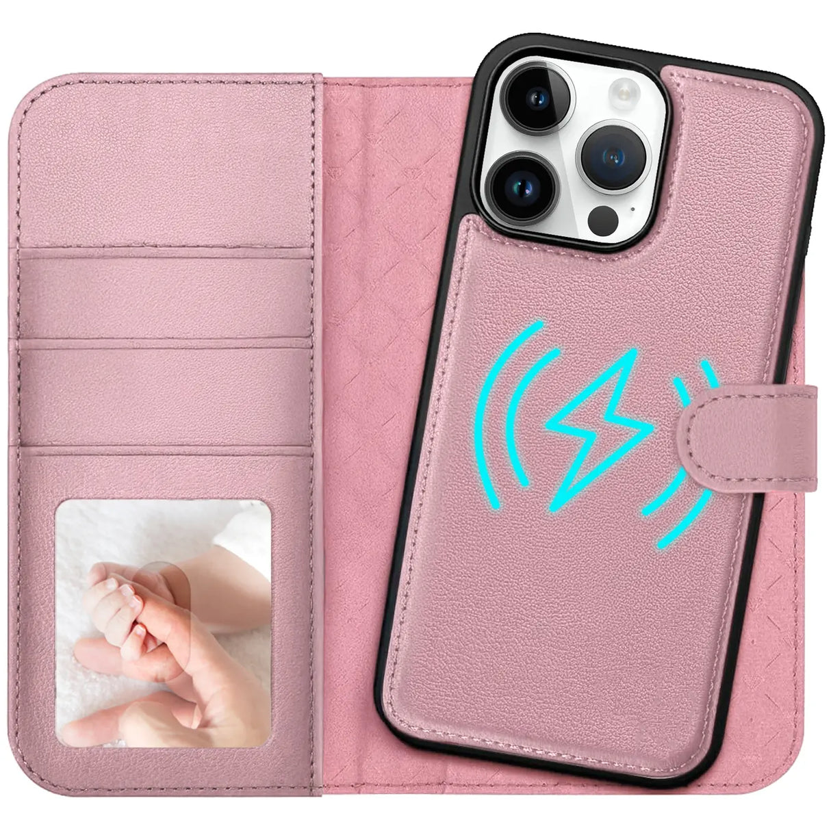 Magnetische 2-in-1 Klapphülle für iPhone 14 Pro Max in Rosegold mit herausnehmbarer Hülle und Kartenfächern