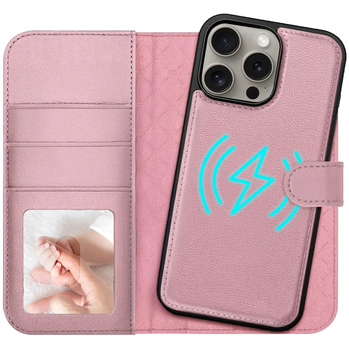 Magnetische 2-in-1 Klapphülle für iPhone 15 Pro in Rosegold mit herausnehmbarer Hülle und Kartenfächern