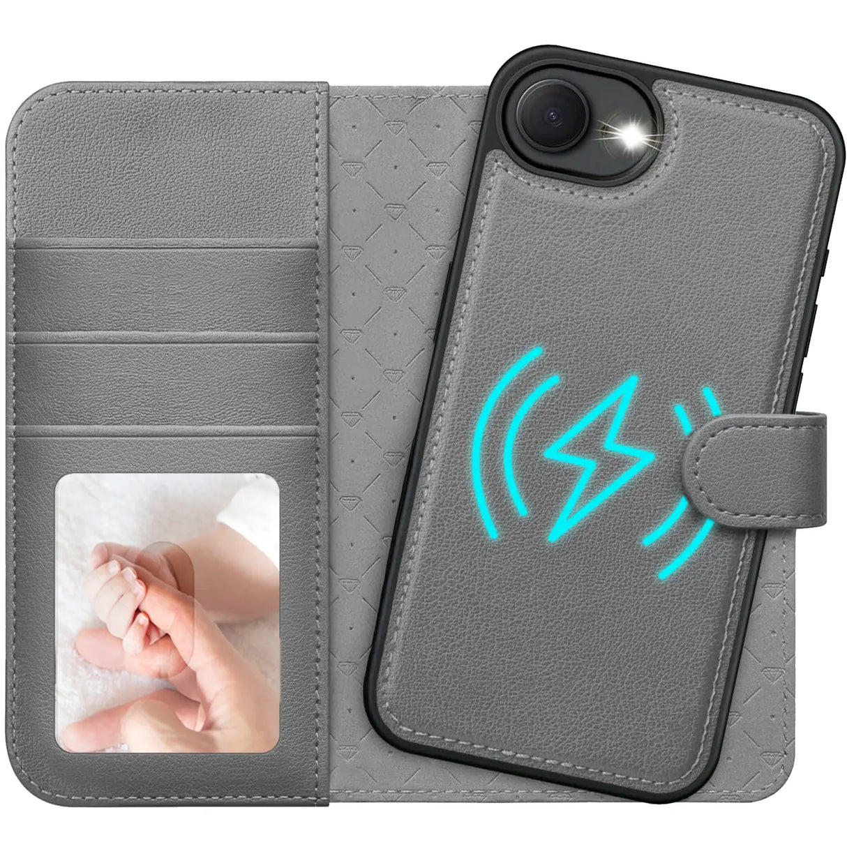 Magnetische 2-in-1 Klapphülle für iPhone 16e in Grau mit herausnehmbarer Hülle und Kartenfächern