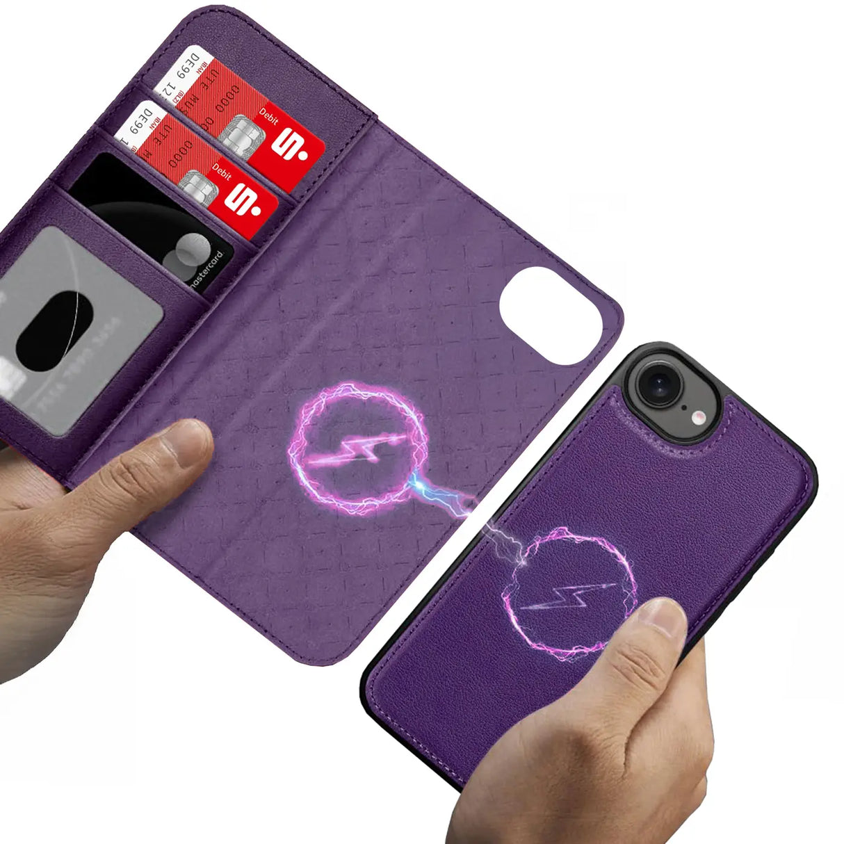 Magnetische 2-in-1 Klapphülle für iPhone 16e in Violett mit herausnehmbarer Hülle und Kartenfächern