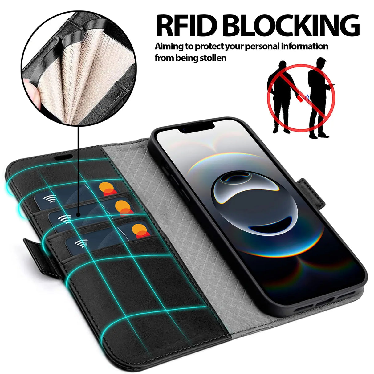 Apple iPhone 16e Klapphülle im Lederlook mit RFID Block in Schwarz