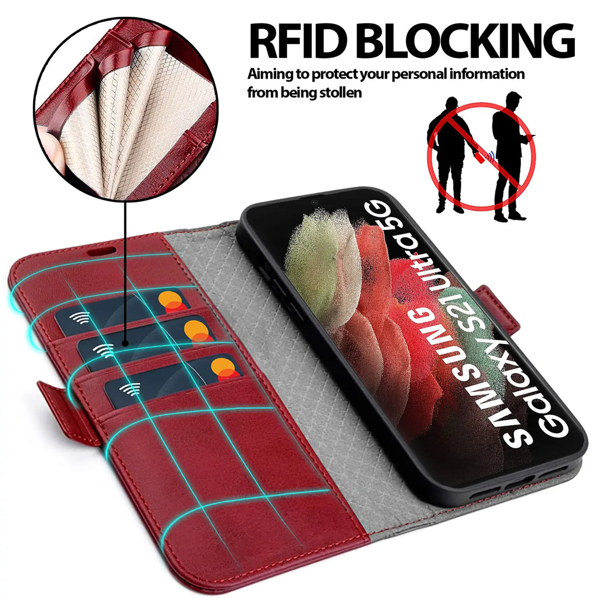 Samsung Galaxy S21 Ultra Klapphülle im Lederlook mit RFID Block in Rot