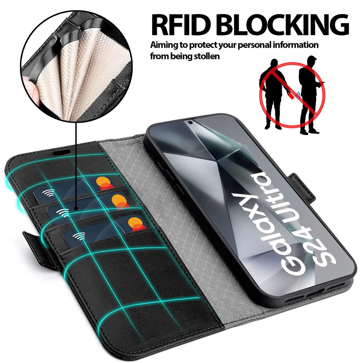 Samsung Galaxy S24 Ultra Klapphülle im Lederlook mit RFID Block in Schwarz