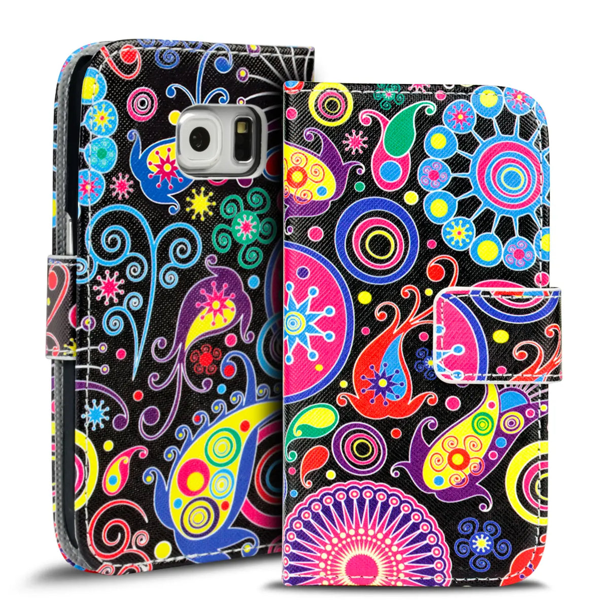 Klapphülle mit buntem Motivdesign für Samsung Galaxy S6 Edge – mit Kartenfach und Magnetverschluss