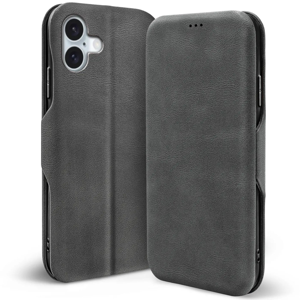 Robuste Klapphülle für iPhone 16 Plus mit Magnetverschluss in Grau