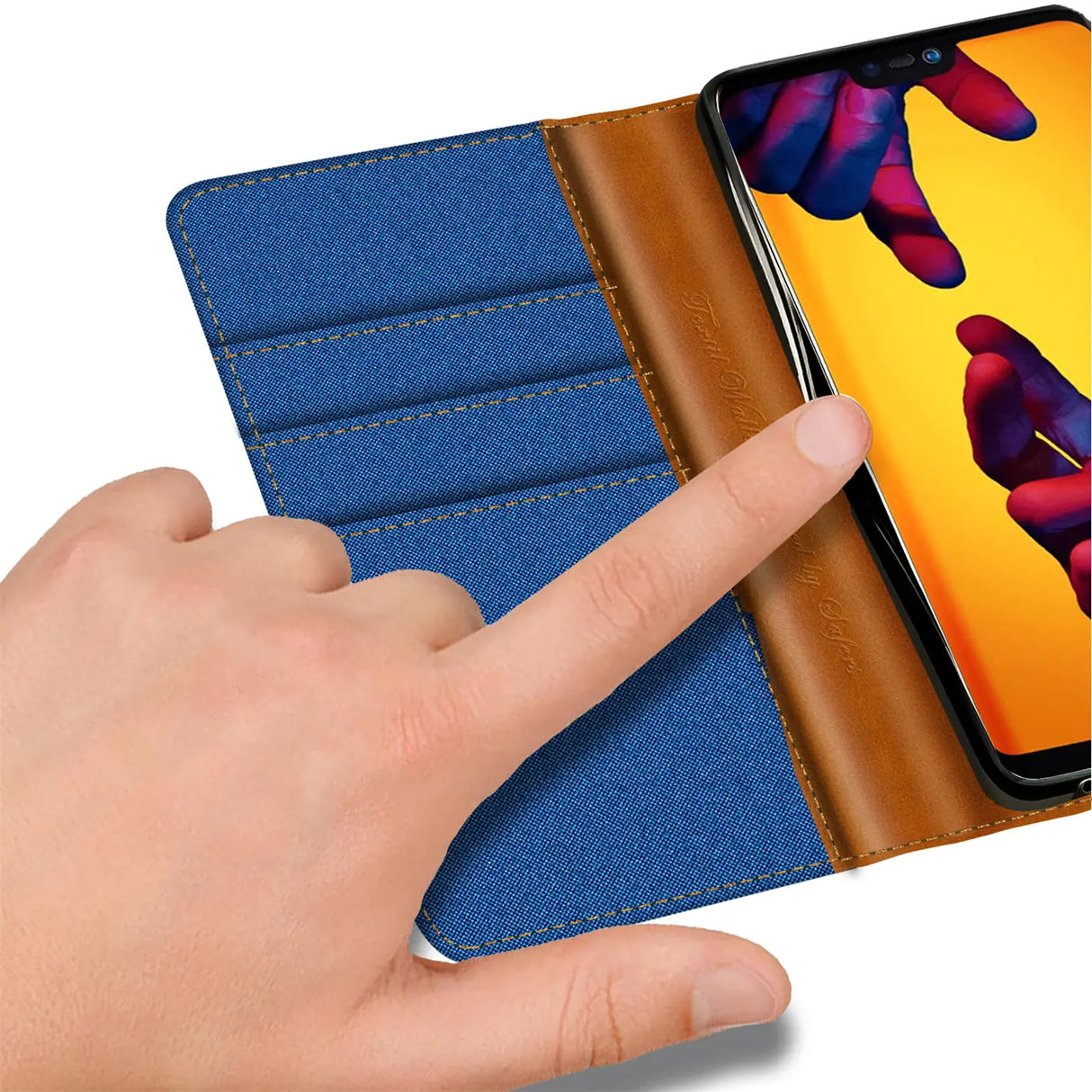 Huawei P20 Lite Klapphülle im Jeanslook mit Karten- und Geldfach