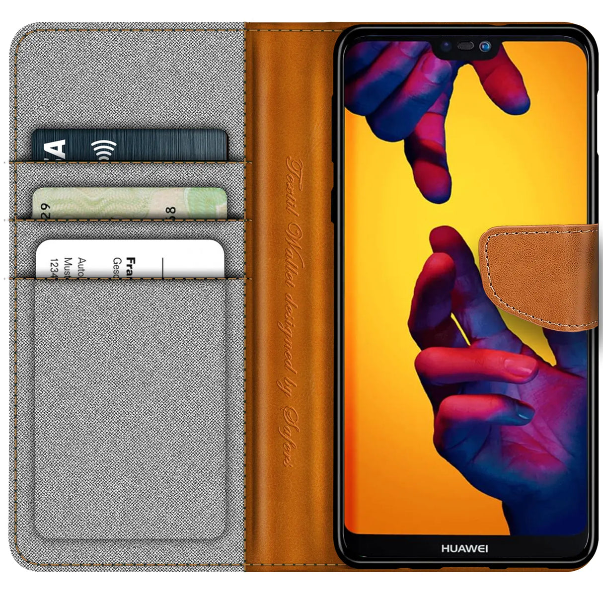Huawei P20 Lite Klapphülle im Jeanslook mit Karten- und Geldfach