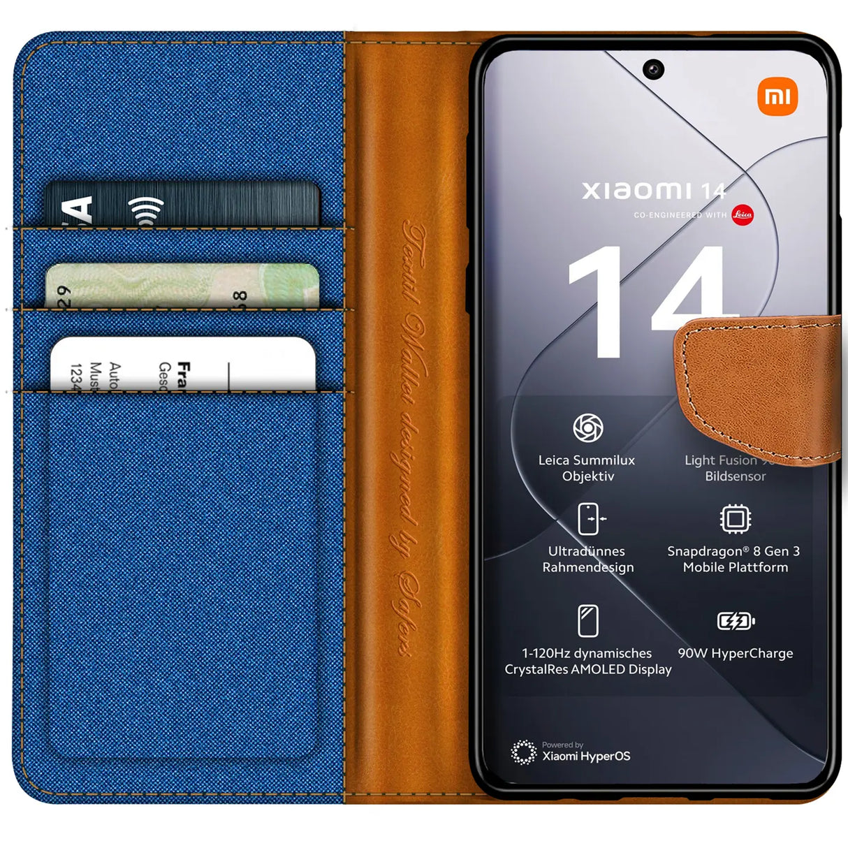 Xiaomi 14 Klapphülle im Jeanslook mit Karten- und Geldfach