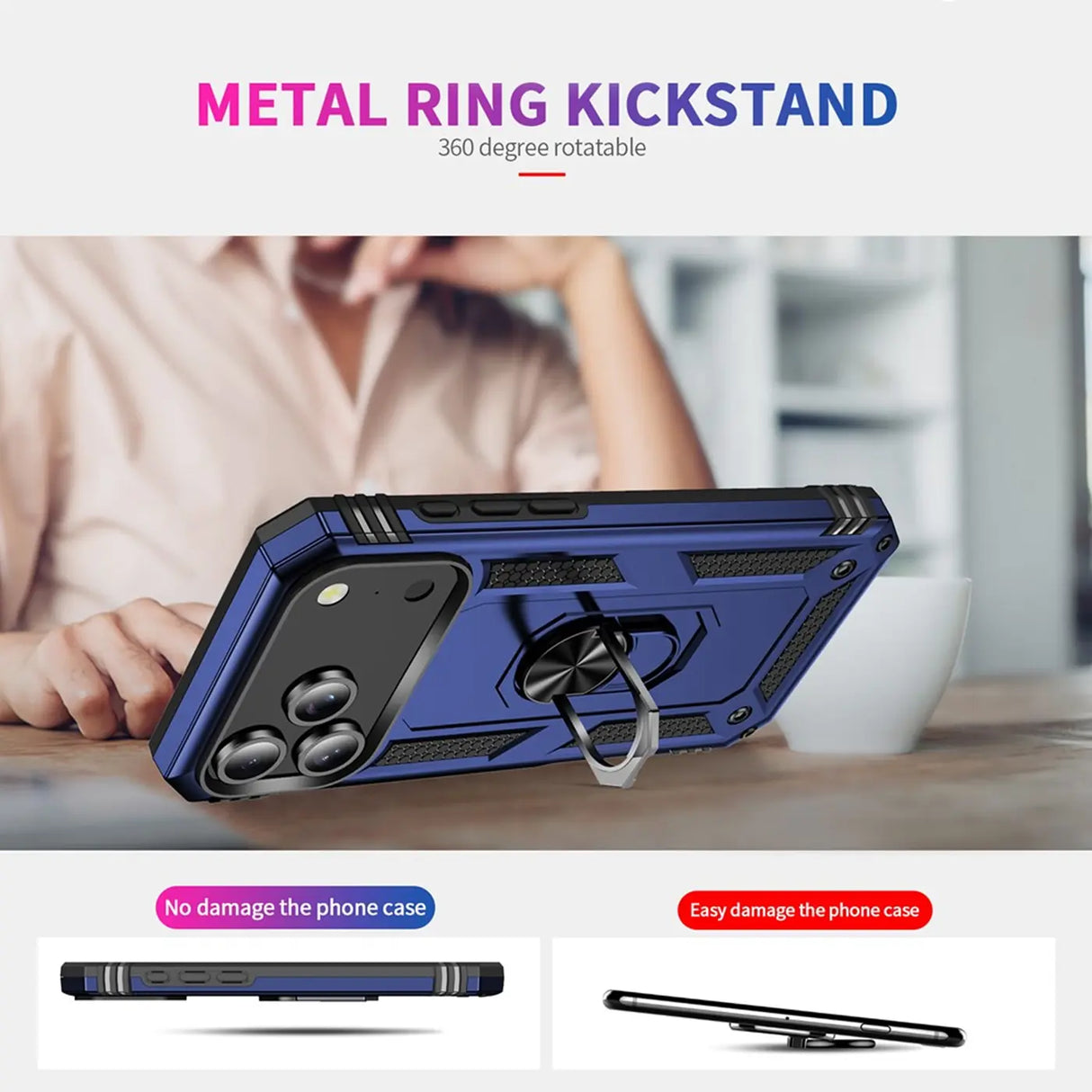 Blaue Hülle mit Ringhalter, Metall, von schräg vorne, für iPhone 18 Pro Max