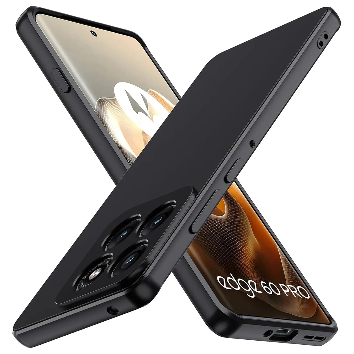 Schwarze matte Silikonhülle für Motorola Edge 60 Pro, von schräg oben.